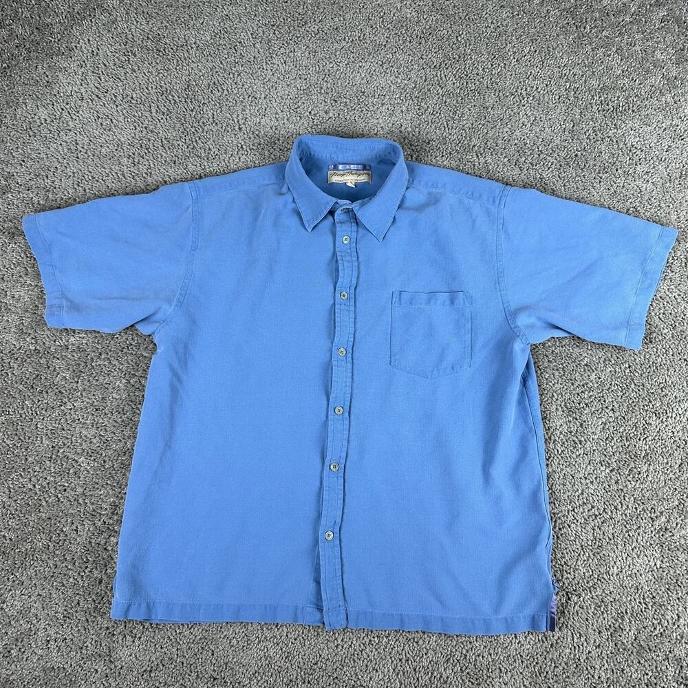 Norm Thompson Shirt Mens Extra Large Blue Silk Short Sleeve Button Up Casual